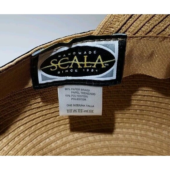 Scala Women's Handmade Braided Cloche Hat Straw Brown with Black Trim Adjustable - Picture 5 of 5